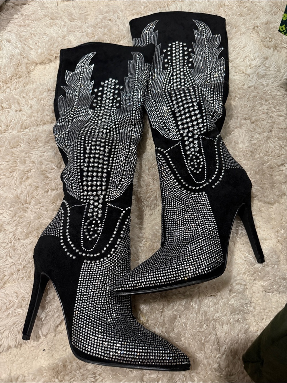 Cape Robbin Black Rhinestone Embellished Stiletto Mid-Calf Boots